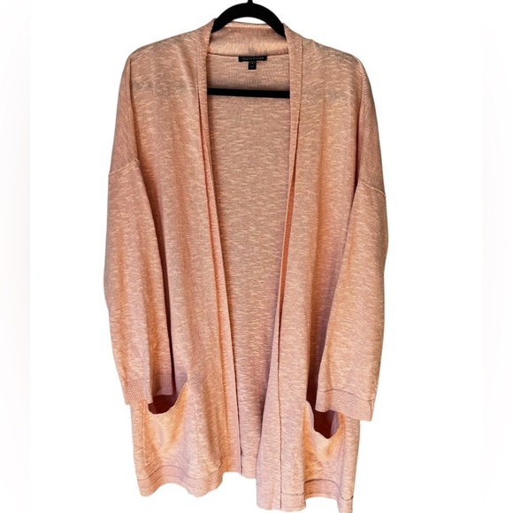 Eileen Fisher Petal Pink Organic Linen Open Front Classic Sweater Cardigan Sz M - Picture 1 of 5